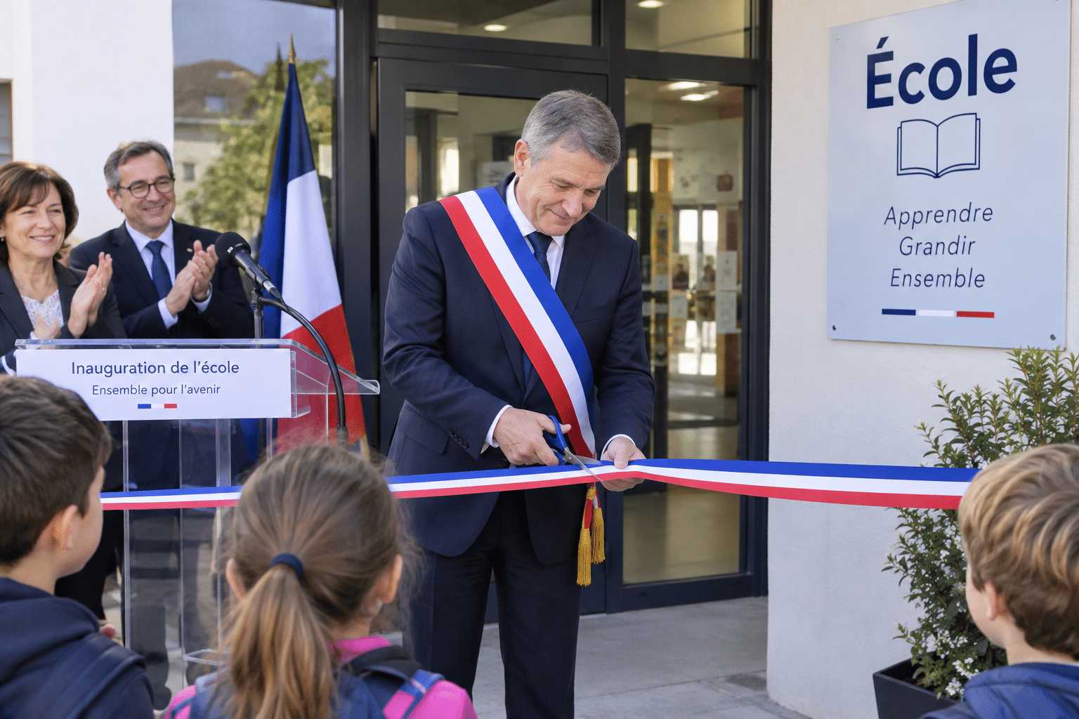 Illustration de l’inauguration d’une école par un maire